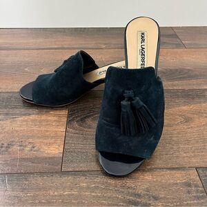 Karl Lagerfeld Paris Blue Suede Hettie Tassel Slip On Mule Heel Size 5.5